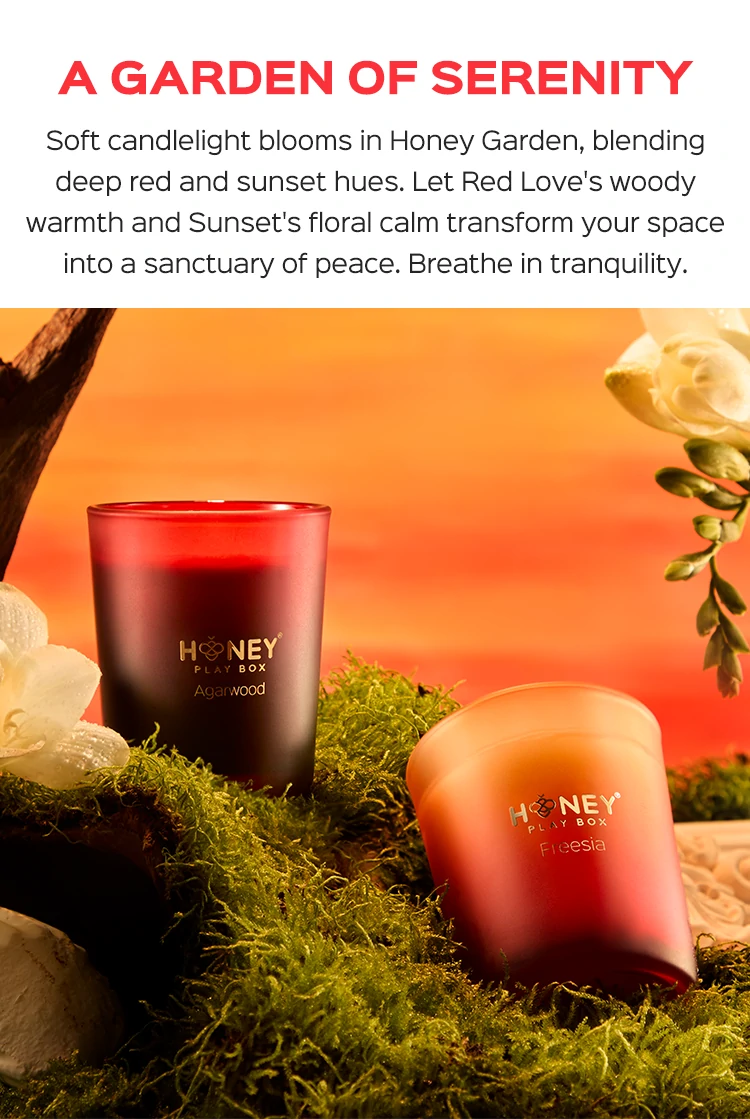 Soft candlelight blooms in Honey Garden, blending deep red and sunset hues. Let Red Love's woody warmth and Sunset's floral calm transform your space into a sanctuary of peace. Breathe in tranquility.
