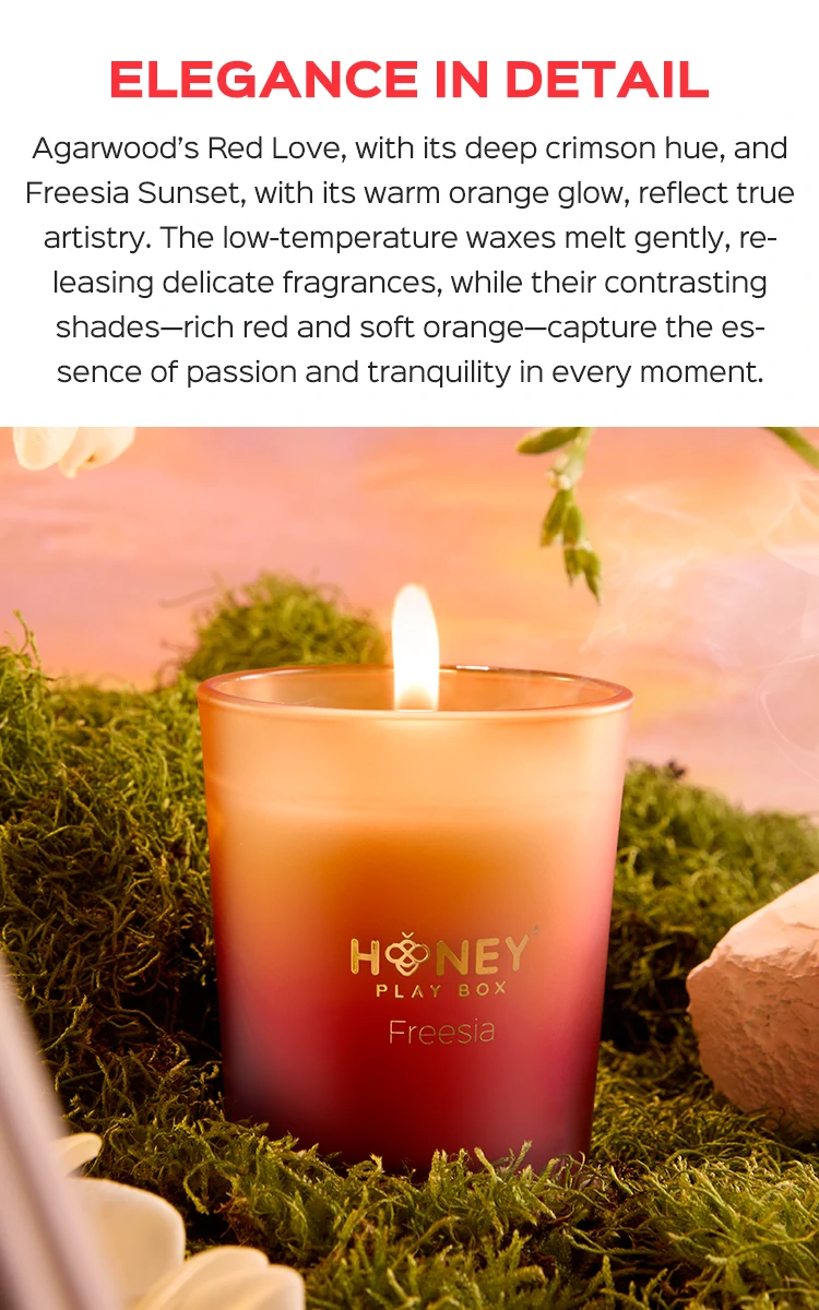 Soft candlelight blooms in Honey Garden, blending deep red and sunset hues. Let Red Love's woody warmth and Sunset's floral calm transform your space into a sanctuary of peace. Breathe in tranquility.