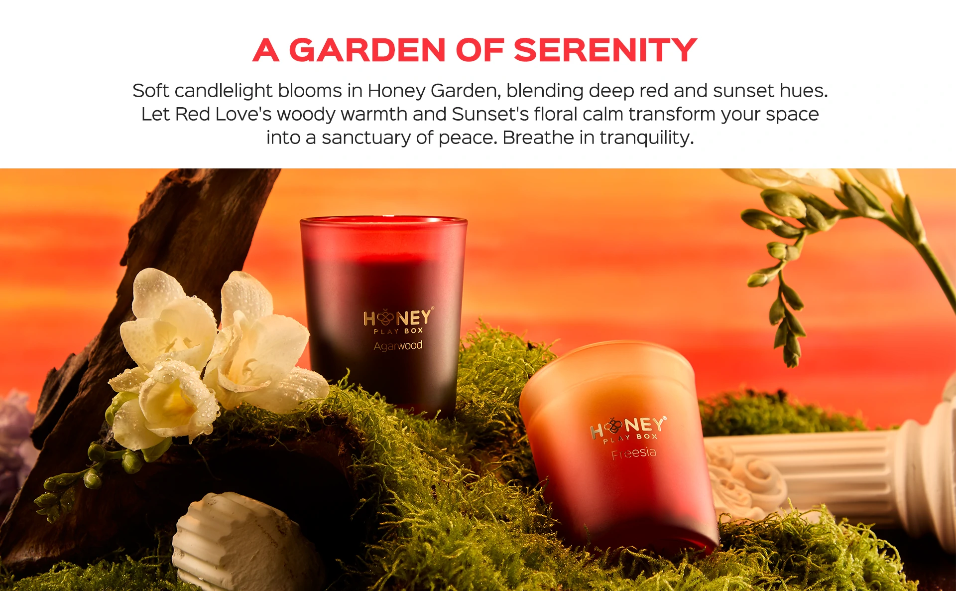 Soft candlelight blooms in Honey Garden, blending deep red and sunset hues. Let Red Love's woody warmth and Sunset's floral calm transform your space into a sanctuary of peace. Breathe in tranquility.