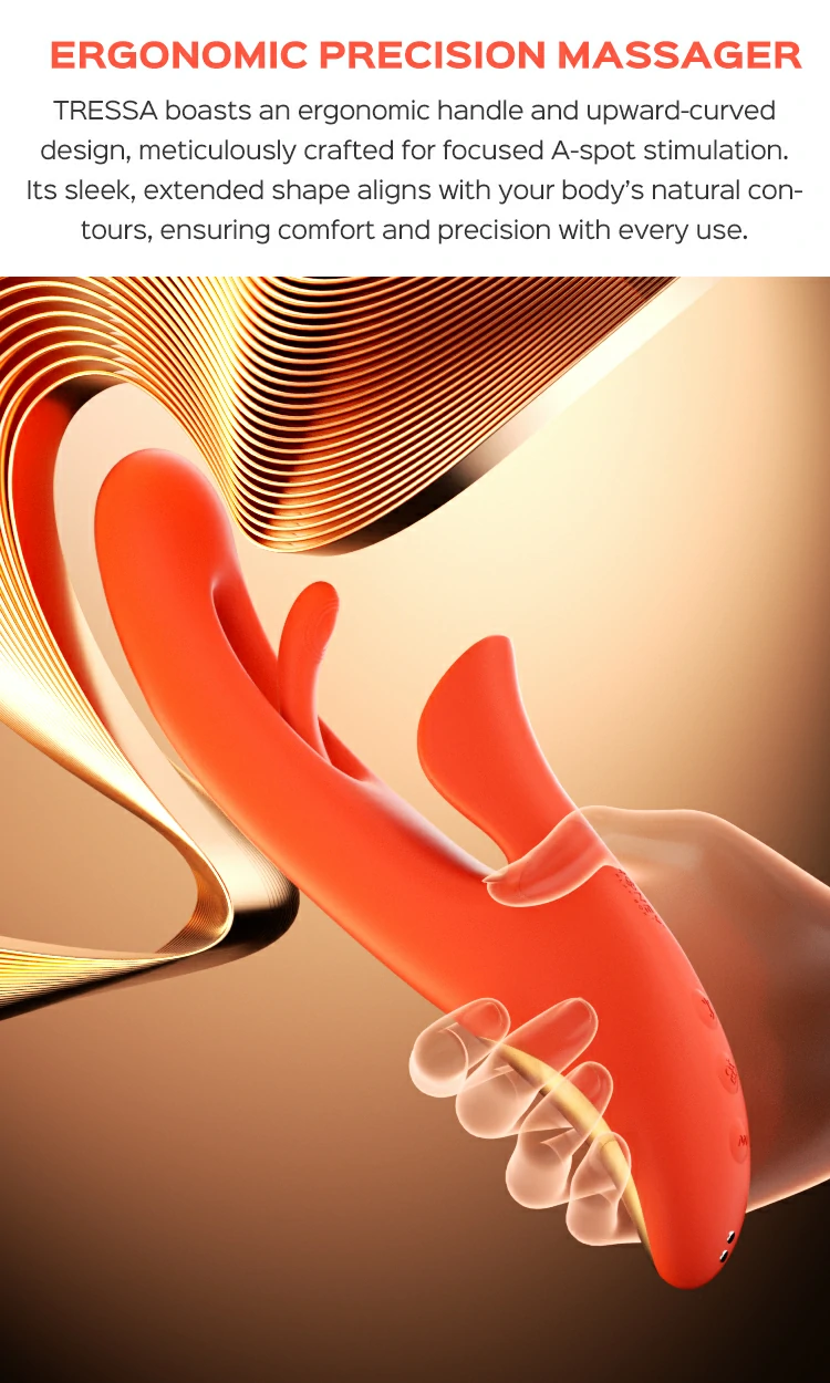TRESSA boasts an ergonomic handle and upward-curved design, meticulously crafted for focused A-spot stimulation. Its sleek, extended shape aligns with your body&rsquo;s natural contours, ensuring comfort and precision with every use.